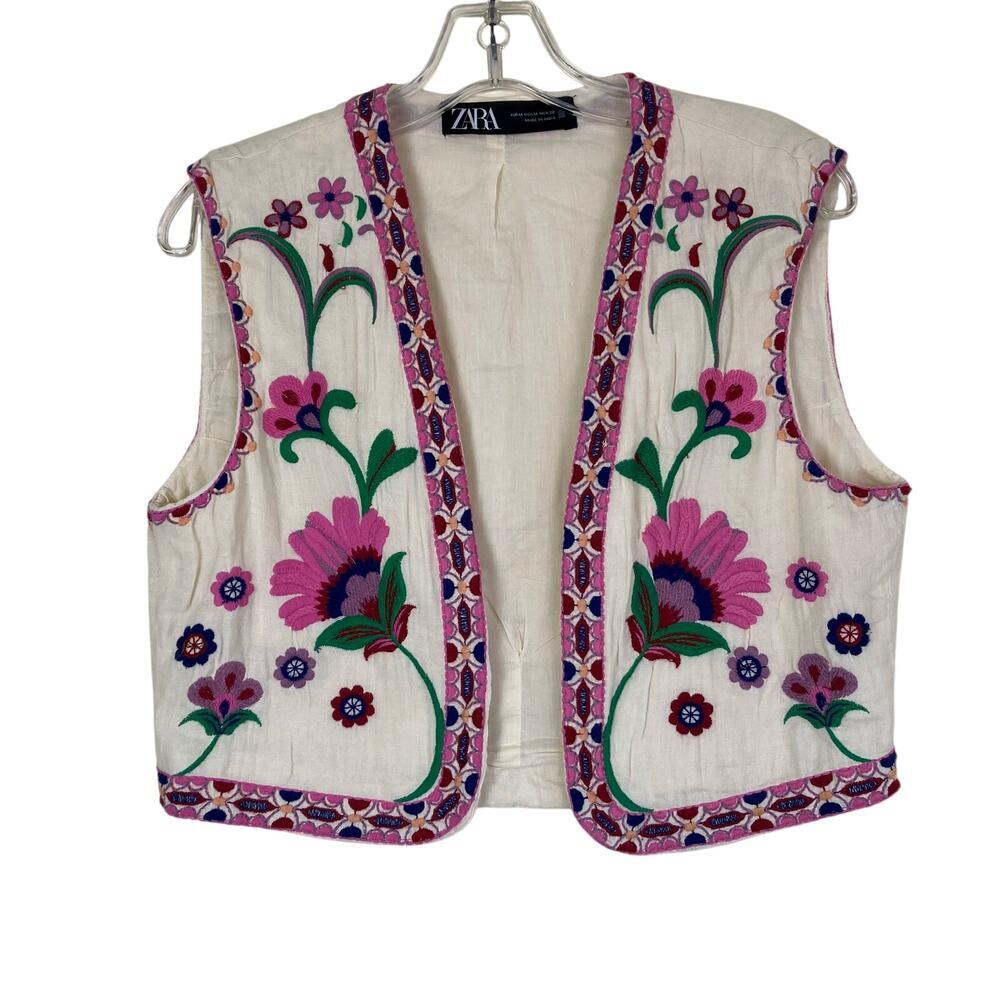 Zara Sz M Floral Embroidered Open Front Vest Cream Multicolor Folk Style - Picture 6 of 16